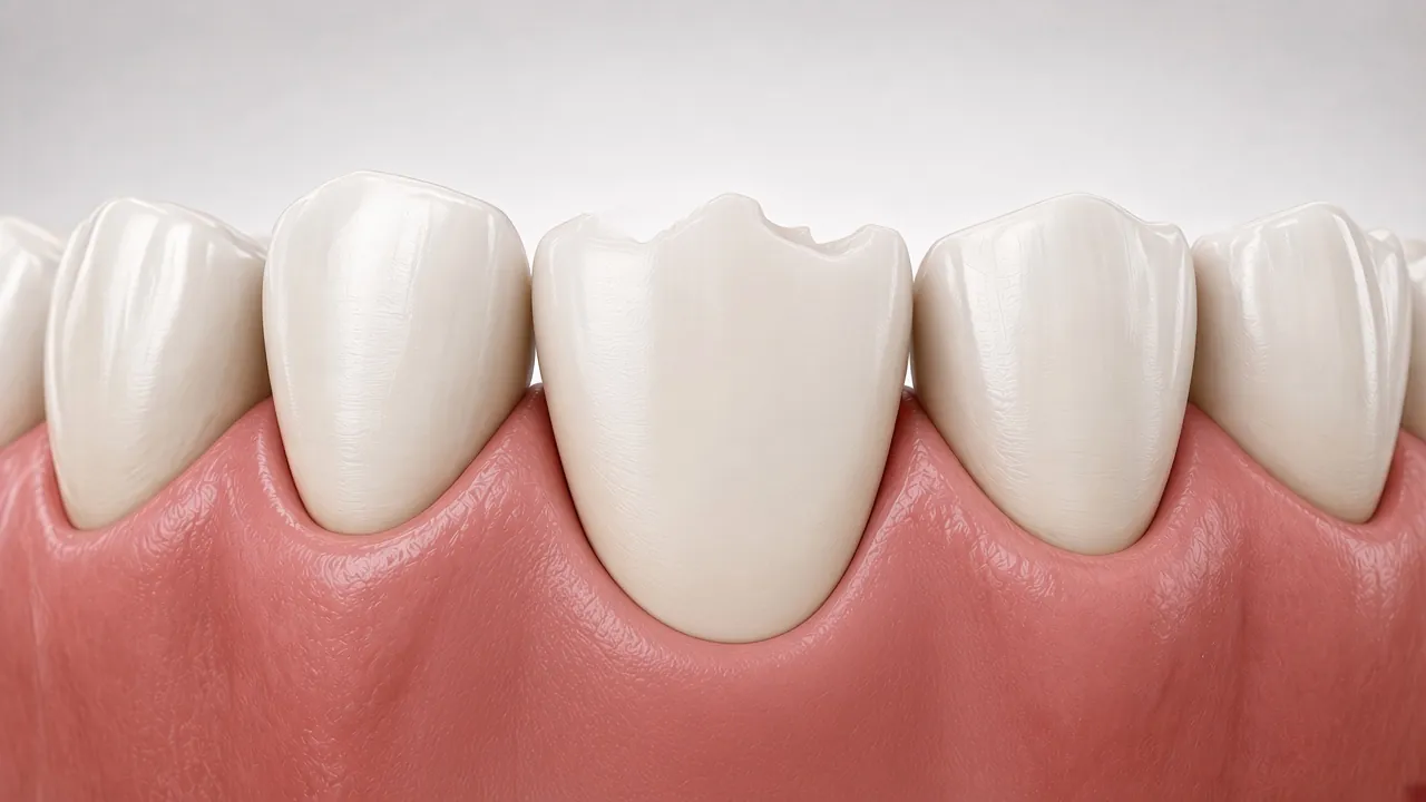 Illustration of an upper front tooth with a small chipped corner.
