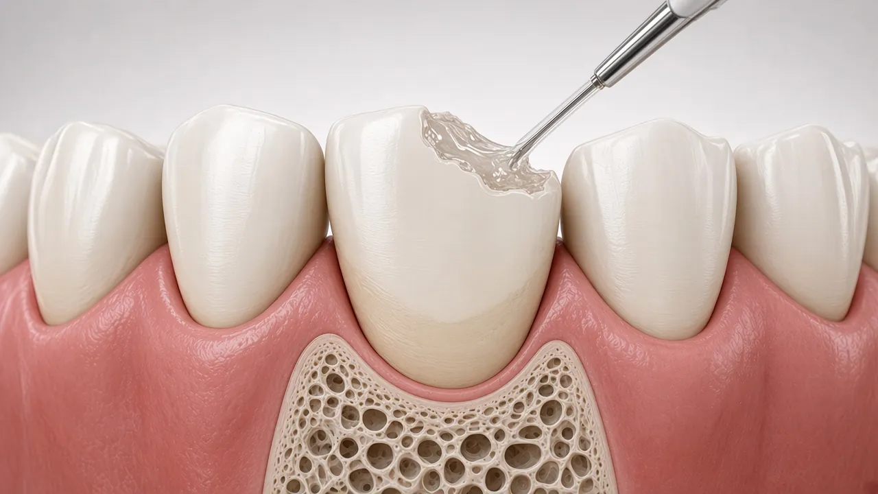 Illustration of a fine brush applying a clear bonding liquid to a tooth surface.