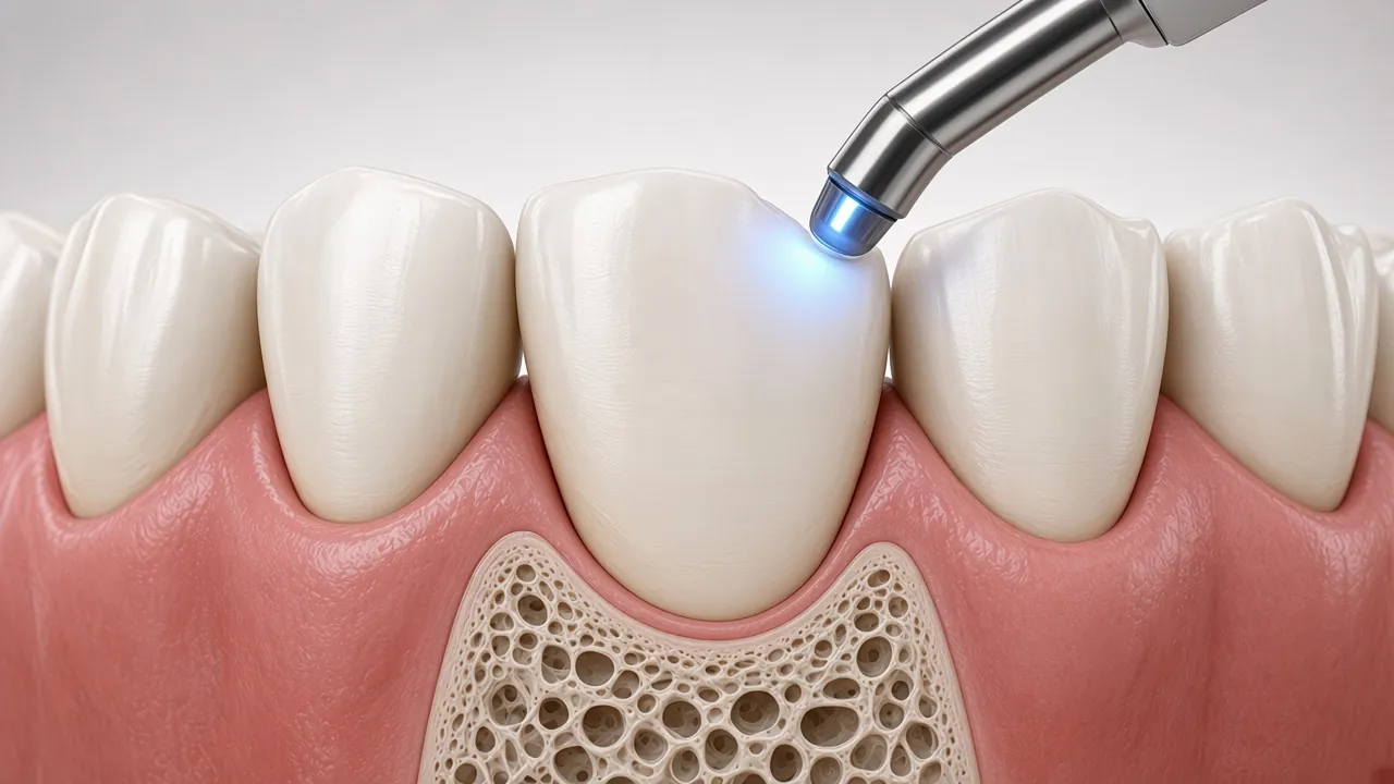 Illustration of composite material being shaped on a tooth and set with a curing light.