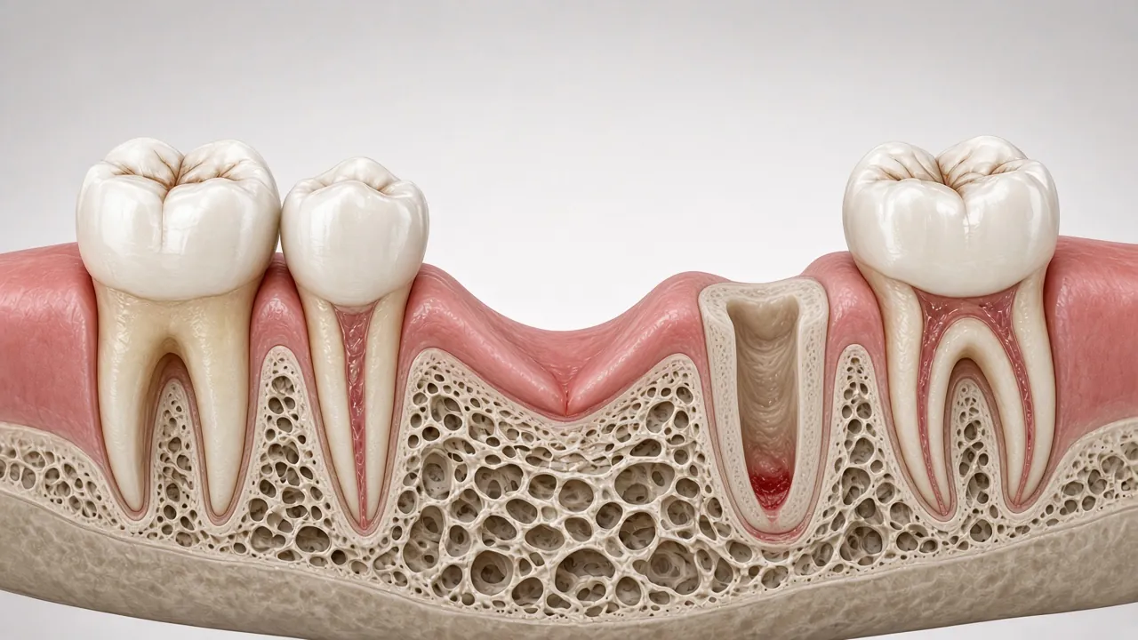 Cross-section illustration of an empty tooth socket with thin bone walls.
