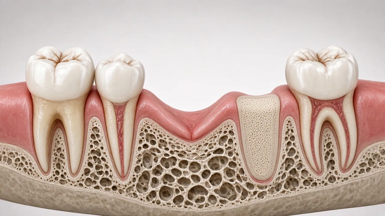 Cross-section illustration of granular graft material placed in a tooth socket.