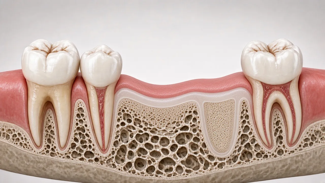 Cross-section illustration of a thin membrane over graft material under the gum.