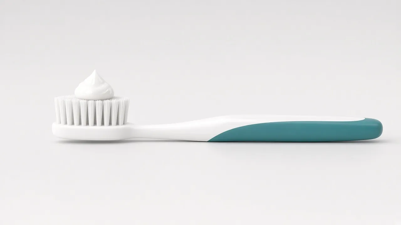 Illustration of a soft toothbrush with a pea-sized dab of toothpaste.