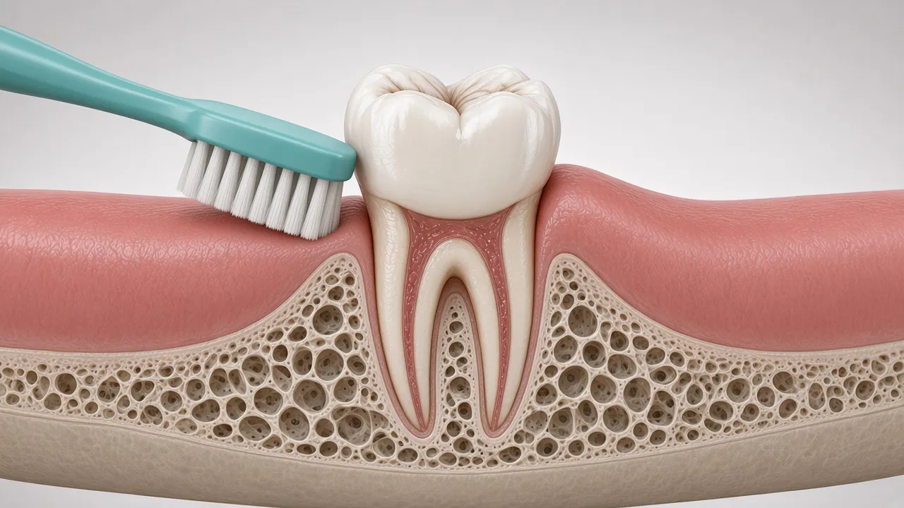 Cross-section illustration of a toothbrush angled at the gum line.