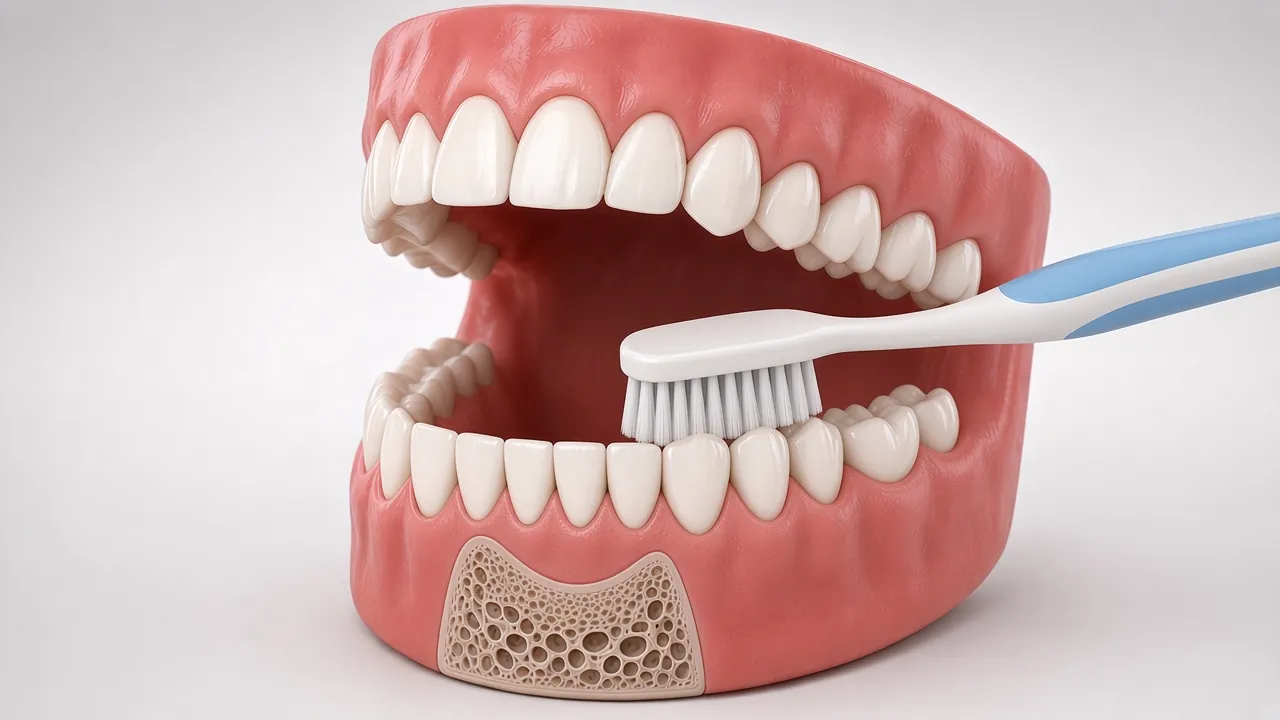Illustration of a toothbrush cleaning the chewing surfaces of back teeth.