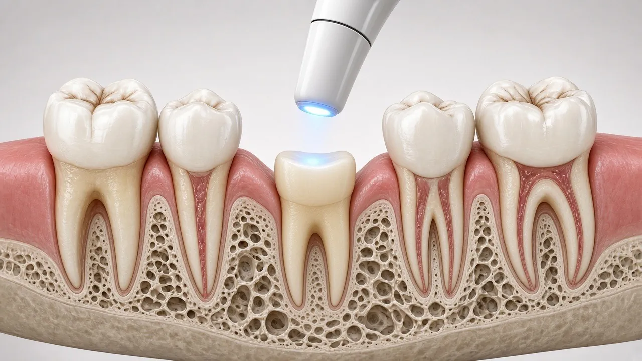 Illustration of an intraoral scanner wand above a tooth prepared for a crown.