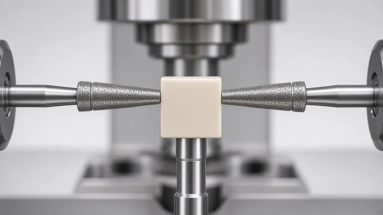 Illustration of a small tooth-coloured ceramic block held between two milling burs.