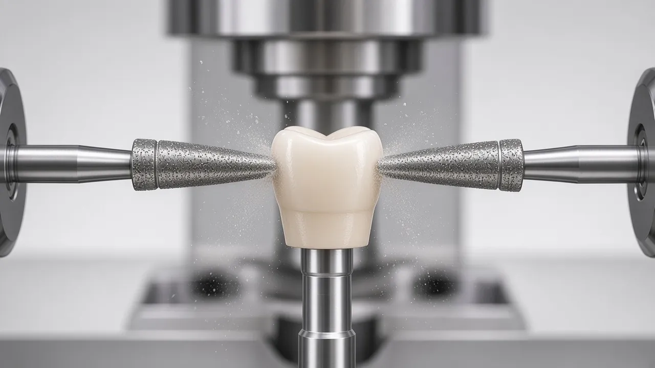 Illustration of the ceramic block part-milled into a crown shape, with fine ceramic dust.