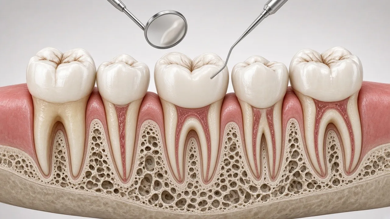 Illustration of a dental mirror and probe examining back teeth.