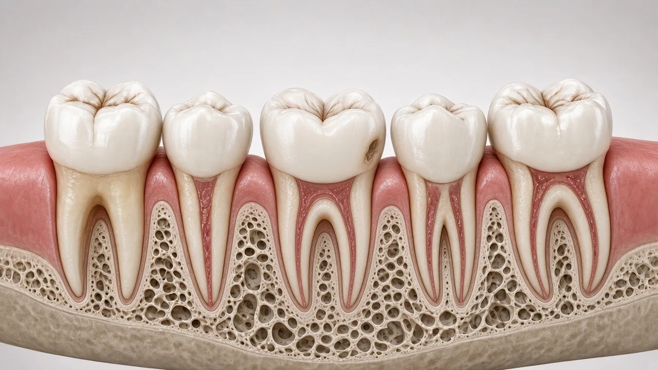Cross-section illustration of back teeth with a small area of early decay between two teeth.
