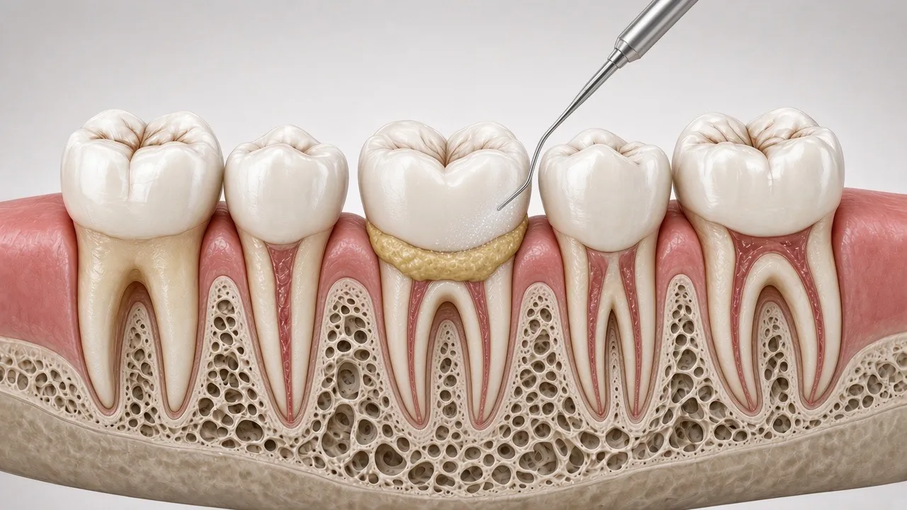Illustration of an ultrasonic scaler cleaning tartar at the gum line.