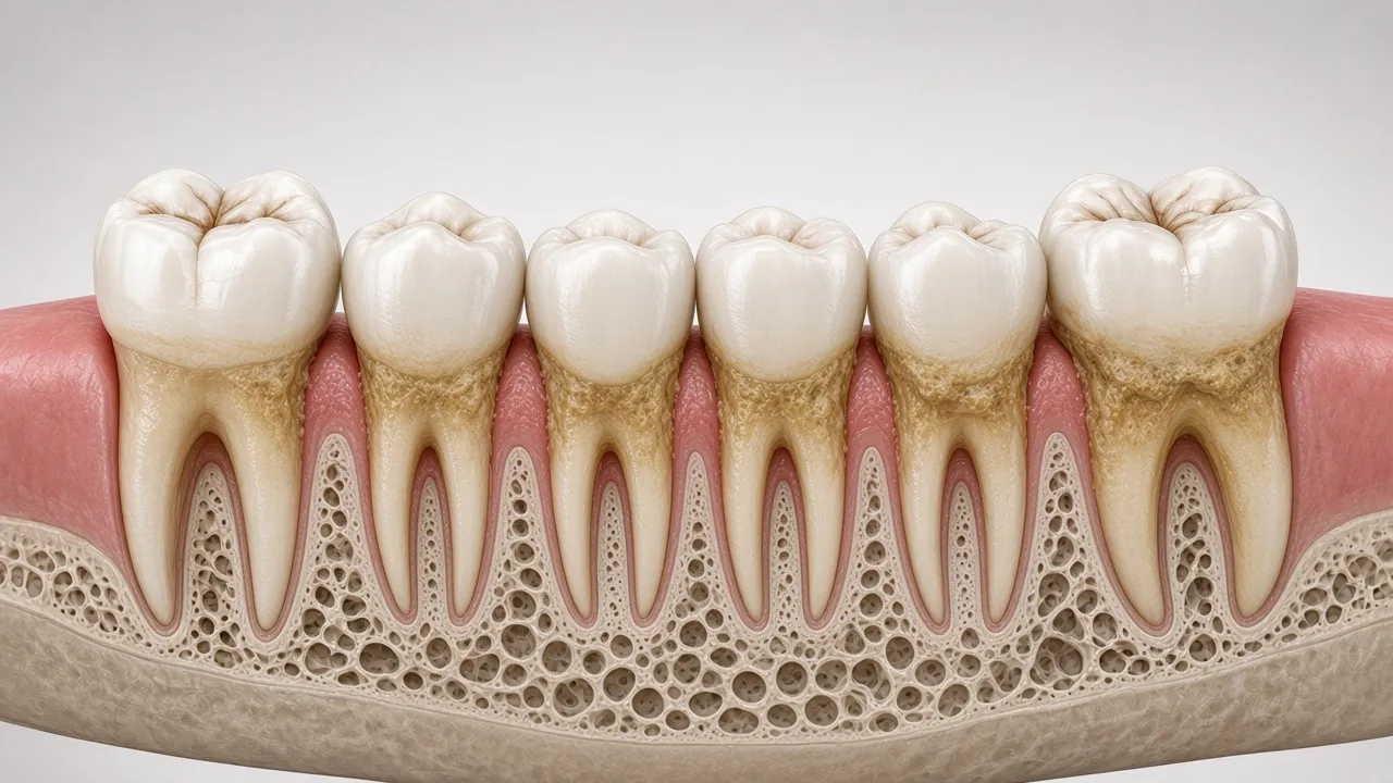 Cross-section illustration of back teeth with yellow tartar deposits along the gum line.