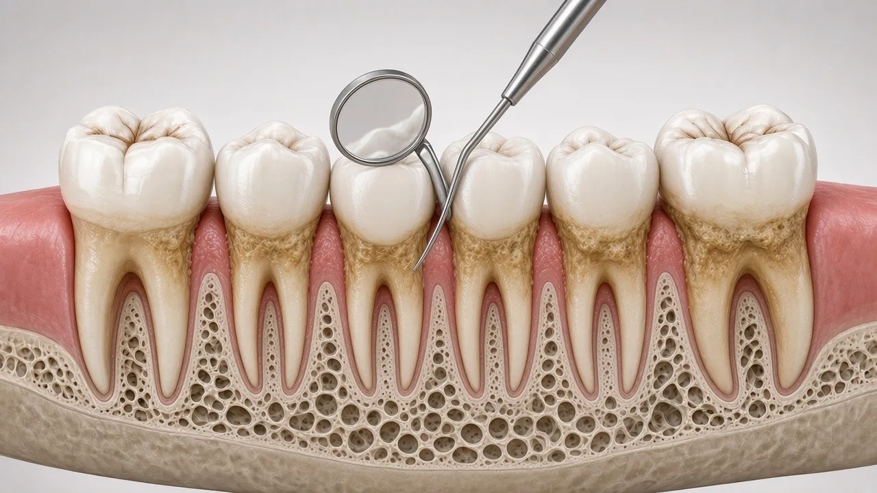Illustration of a dental mirror and a fine probe gently checking the gum beside a tooth.