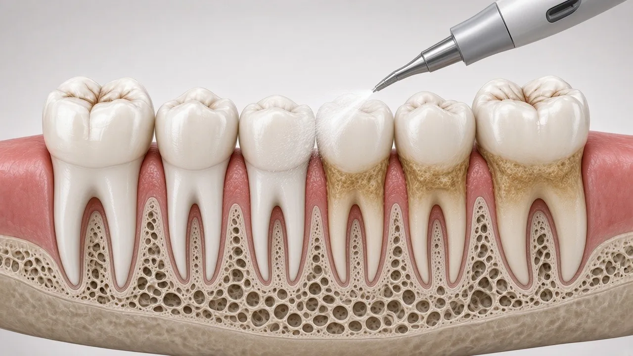 Illustration of an ultrasonic scaler tip removing tartar from the side of a tooth near the gum.