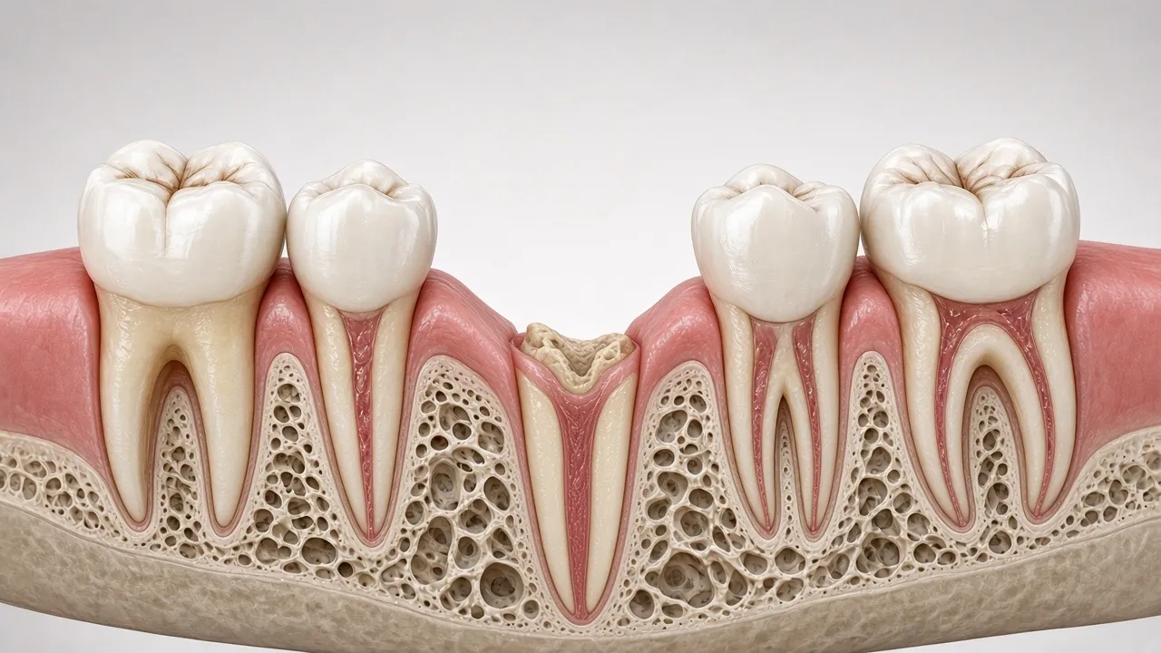 Cross-section illustration of a broken tooth with its edge close to the gum line.