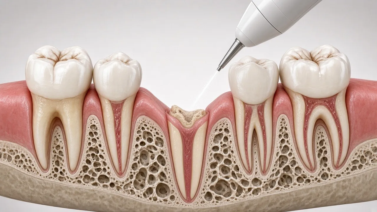 Illustration of a slim dental laser tip gently reshaping the gum around the tooth.