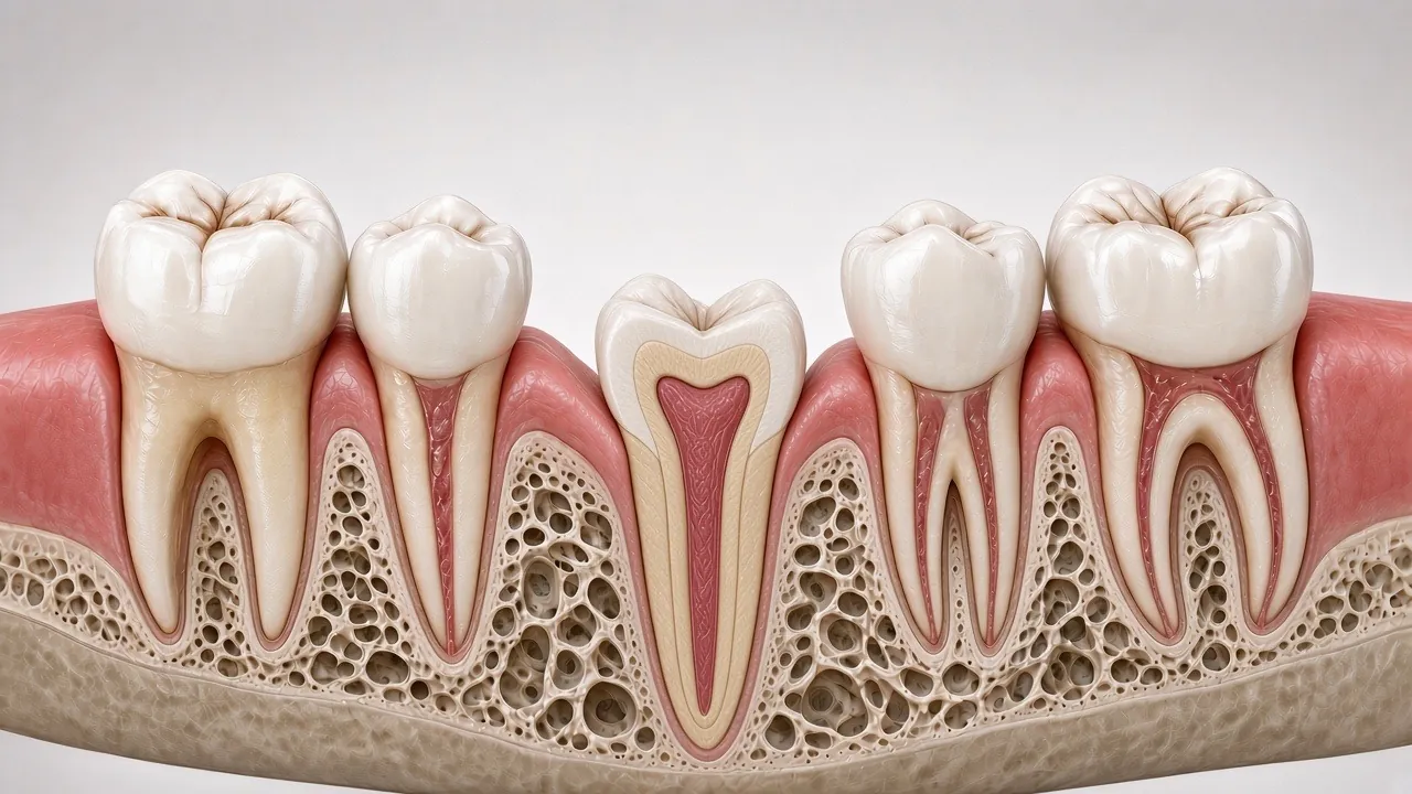 Cross-section illustration of healed gum sitting lower, with more of the tooth now showing.