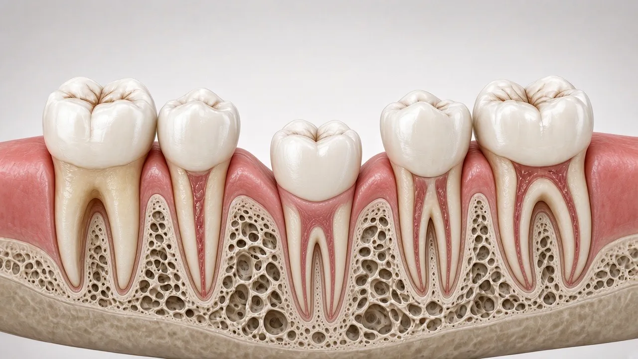 Cross-section illustration of a tooth-coloured crown fitted on the tooth above the healed gum.