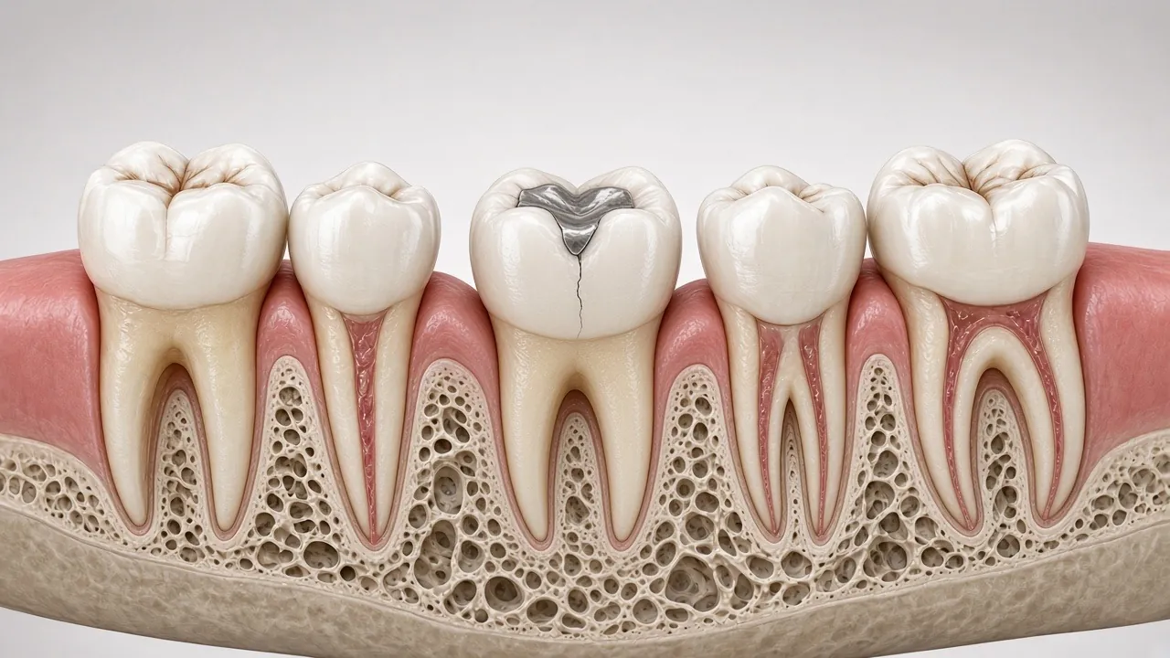 Cross-section illustration of a molar with a large old filling and a crack running down the tooth.