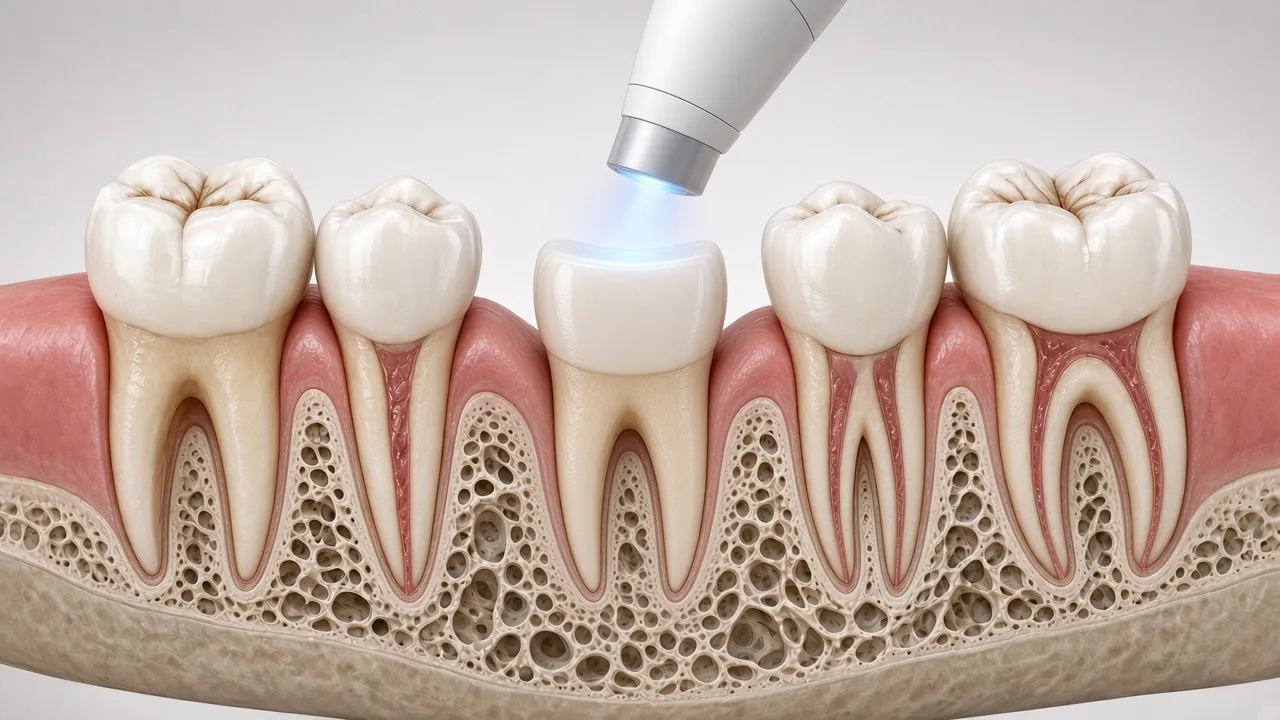 Illustration of an intraoral scanner wand held above the shaped tooth.