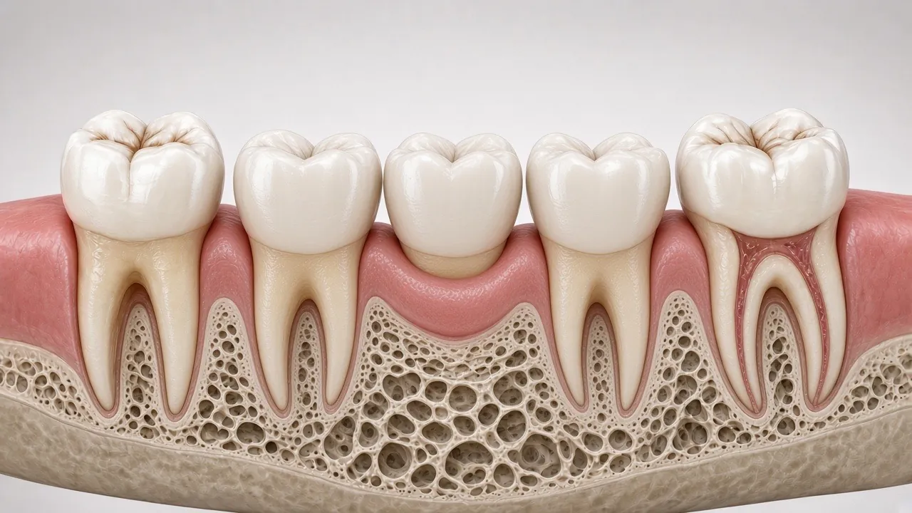 Cross-section illustration of a three-tooth bridge: crowns on two teeth holding a replacement tooth over the gap.
