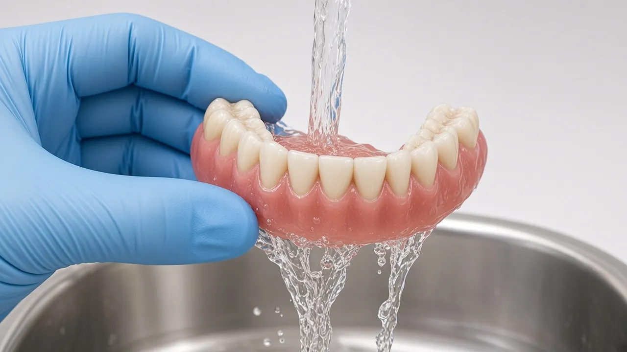Illustration of a full upper denture being rinsed under running water.