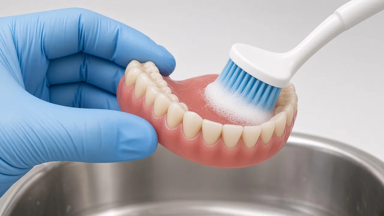 Illustration of a soft brush cleaning the inside of a denture.