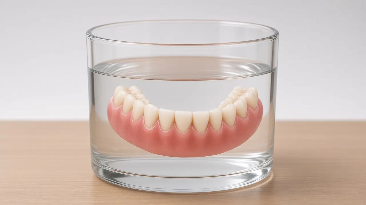 Illustration of a denture resting in a glass of clear water.