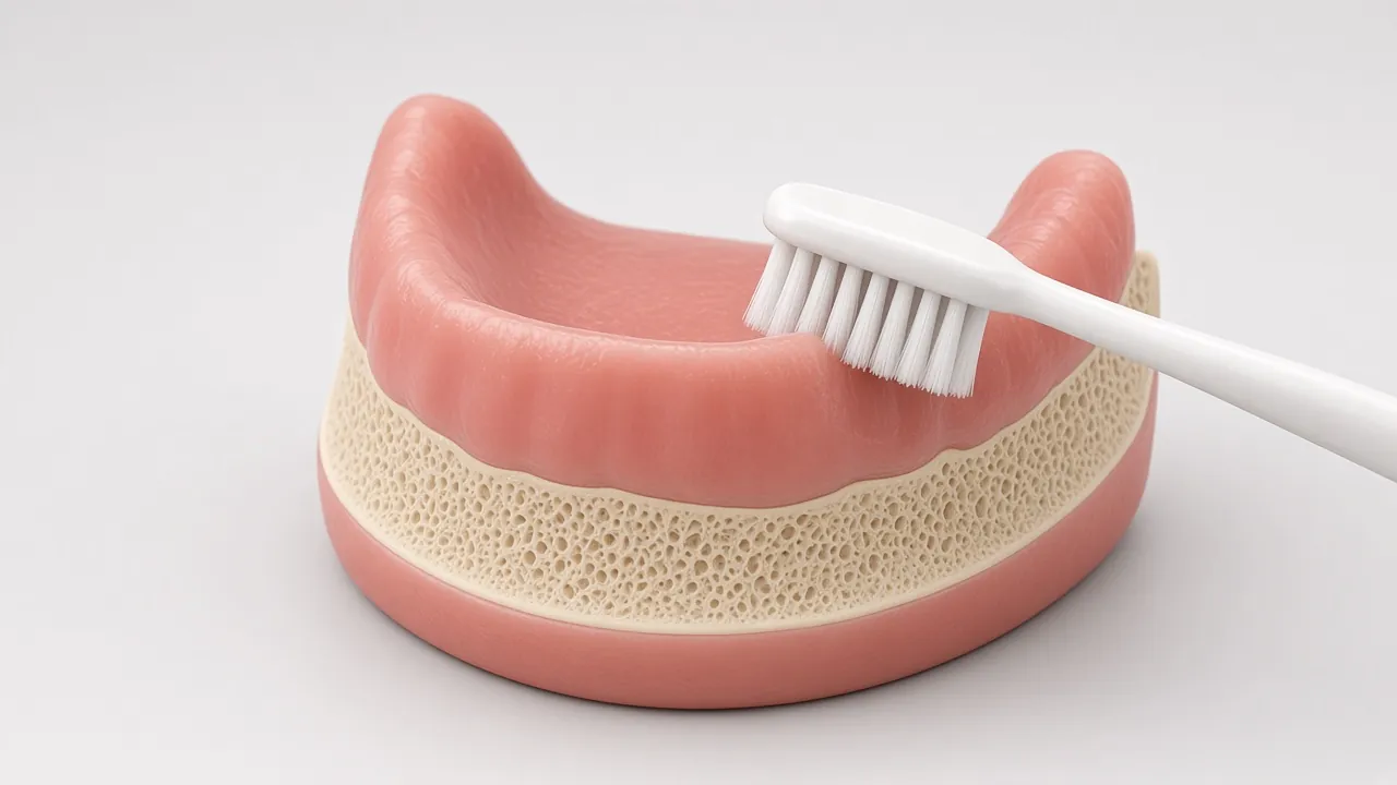 Illustration of a soft brush gently cleaning the gum ridge of a jaw without teeth.