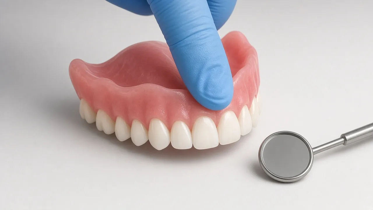 Illustration of a gloved hand and dental mirror checking an upper denture.