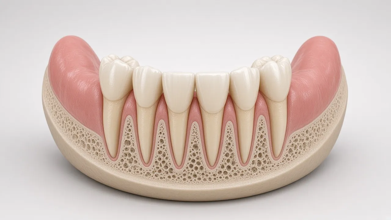 Illustration of a lower jaw with several missing teeth and healed gum ridges.