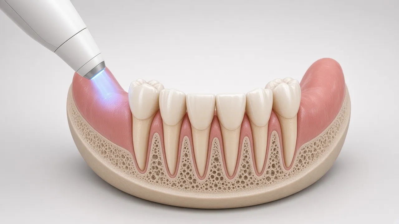 Illustration of an intraoral scanner wand above the healed gum ridge.