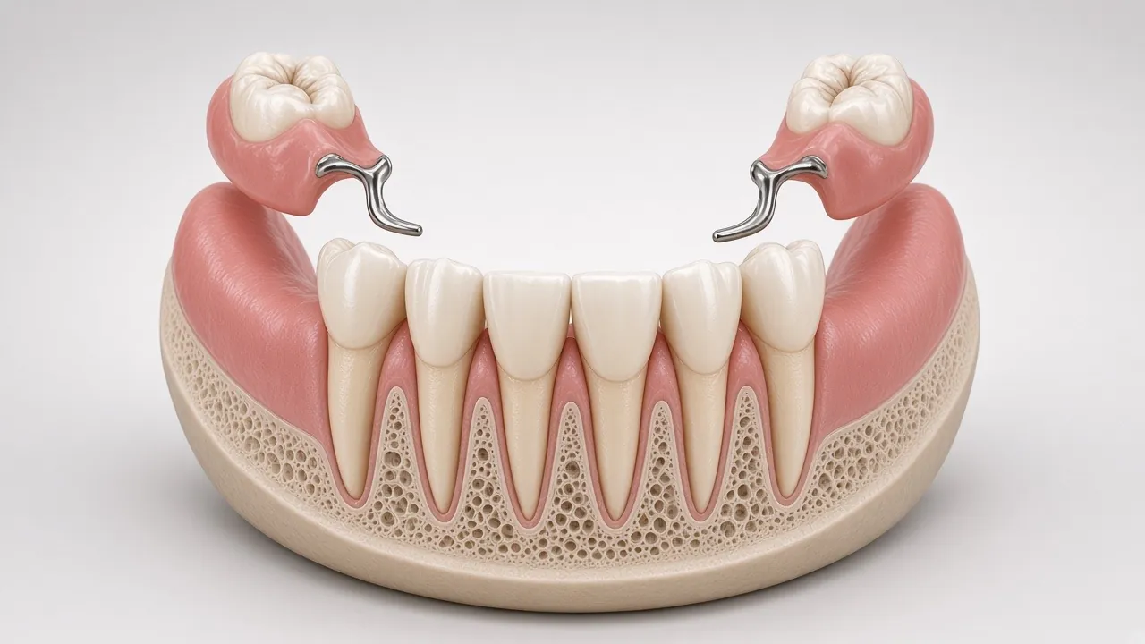 Illustration of a partial denture with pink base and natural-looking teeth, held just above the gum.