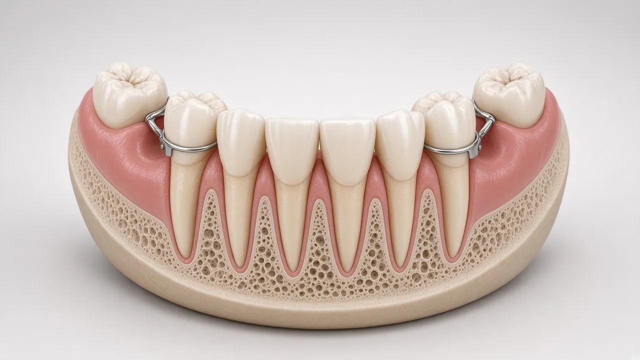 Illustration of the partial denture seated on the gum, filling the gaps.