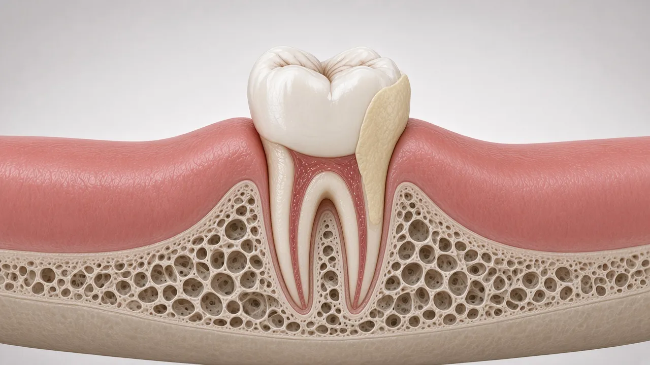 Cross-section illustration of plaque on a tooth surface at the gum line.