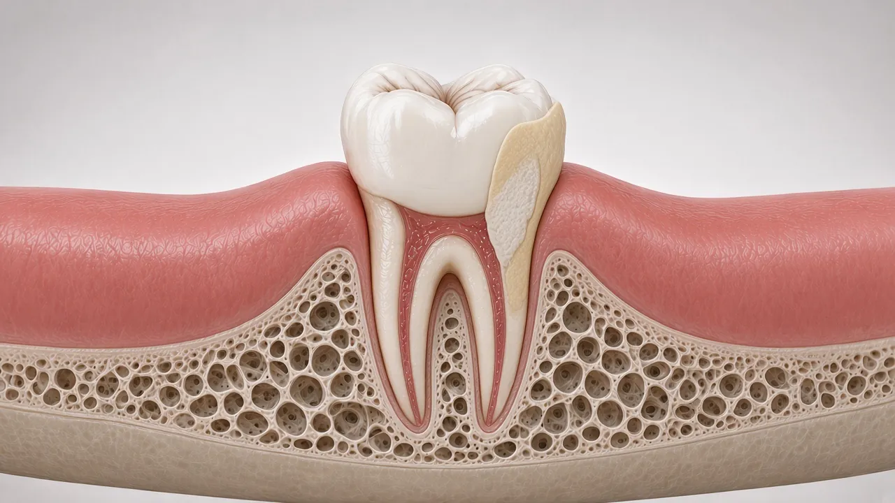 Cross-section illustration of a chalky white weakened patch of enamel.