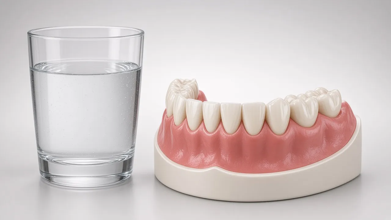 Illustration of a glass of tap water beside healthy teeth.