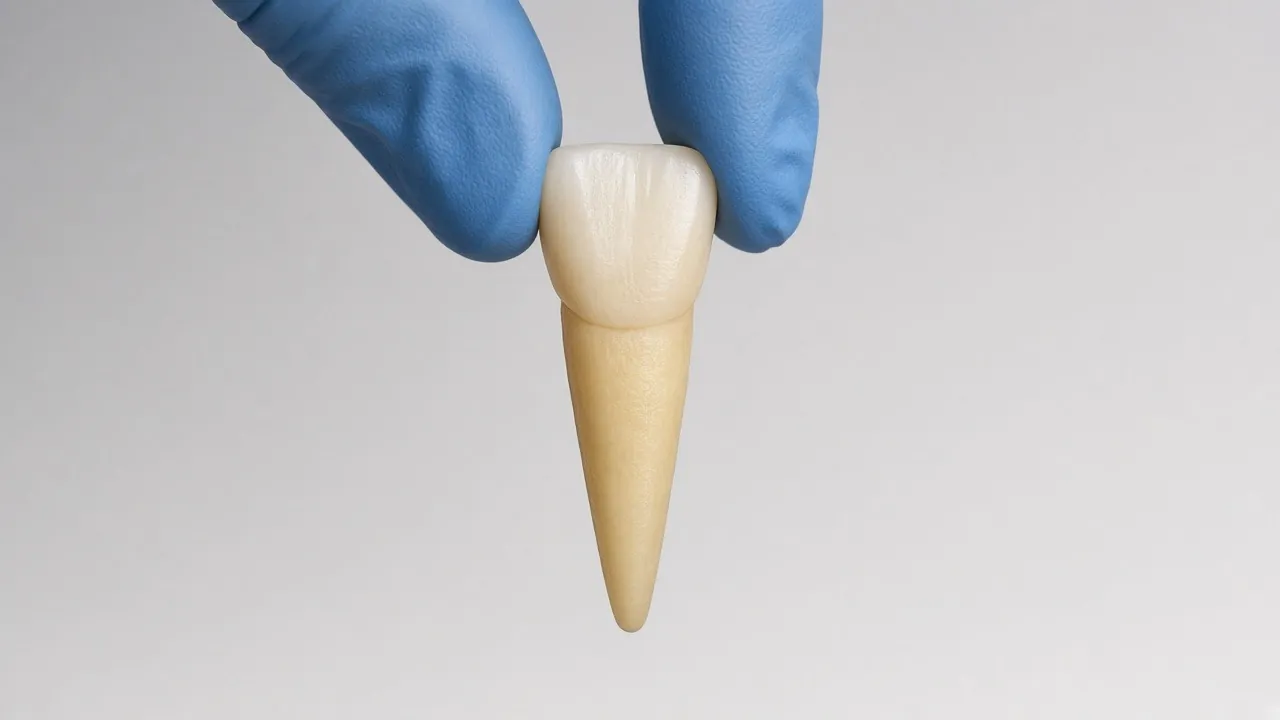 Illustration of gloved fingertips holding a knocked-out tooth by its crown.