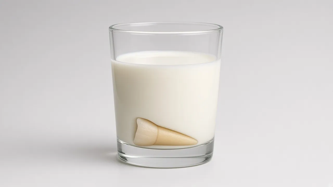 Illustration of the tooth stored in a small glass of milk.