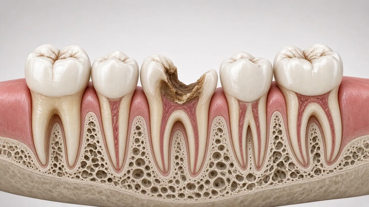 Cross-section illustration of a broken-down, decayed molar in the jaw.