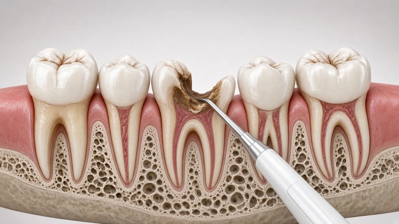 Illustration of a slim dental instrument gently loosening the damaged tooth.