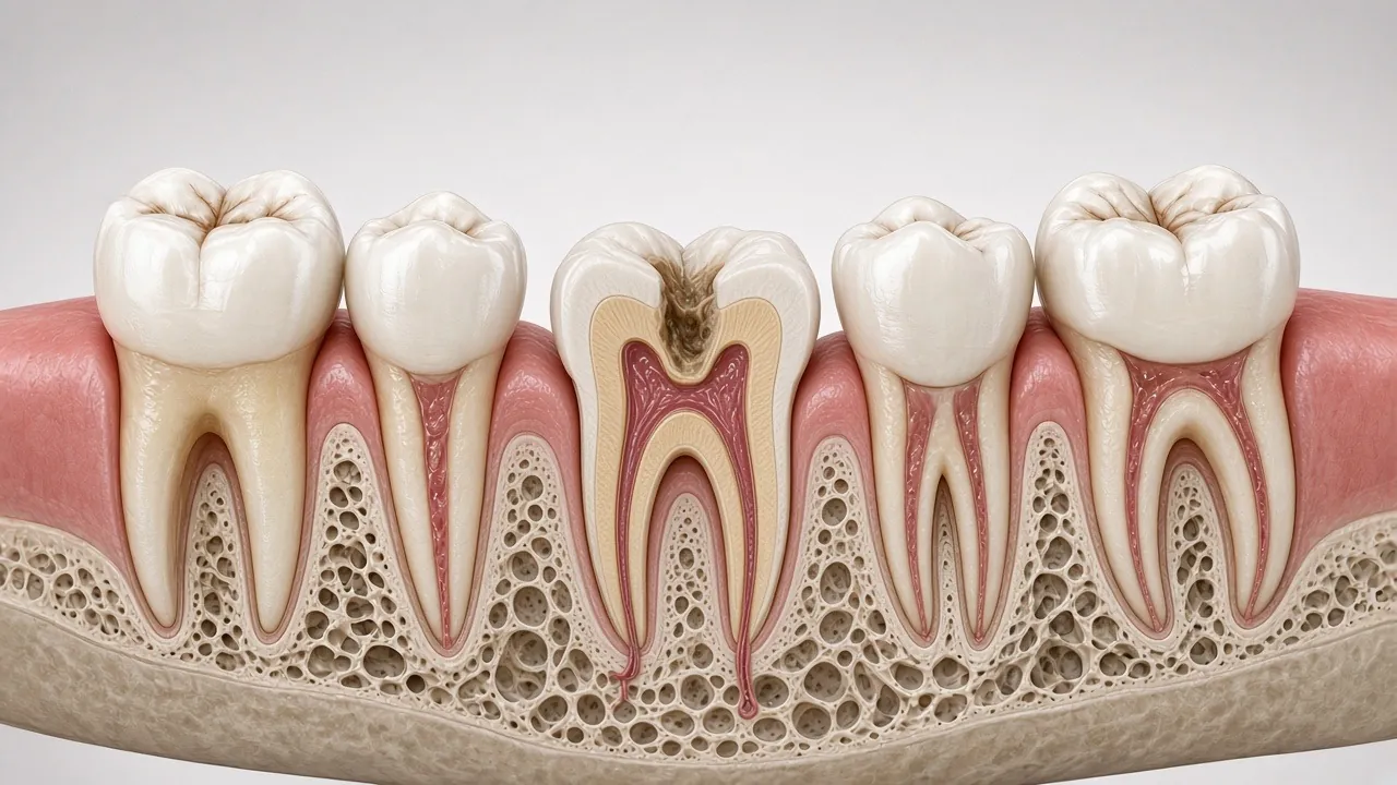 Cross-section illustration of a molar with brown decay spreading from the chewing surface into the tooth.