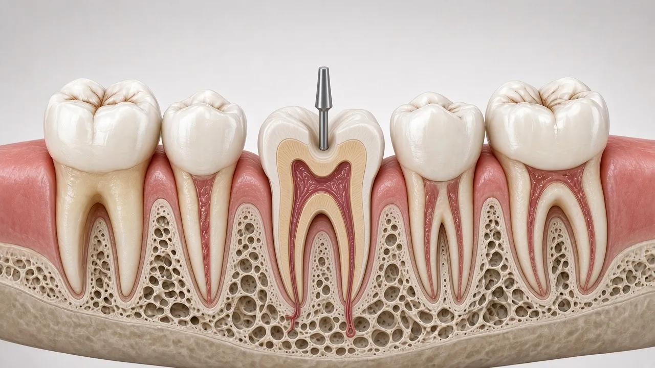 Cross-section illustration of the same molar with the decay removed, leaving a clean prepared cavity.