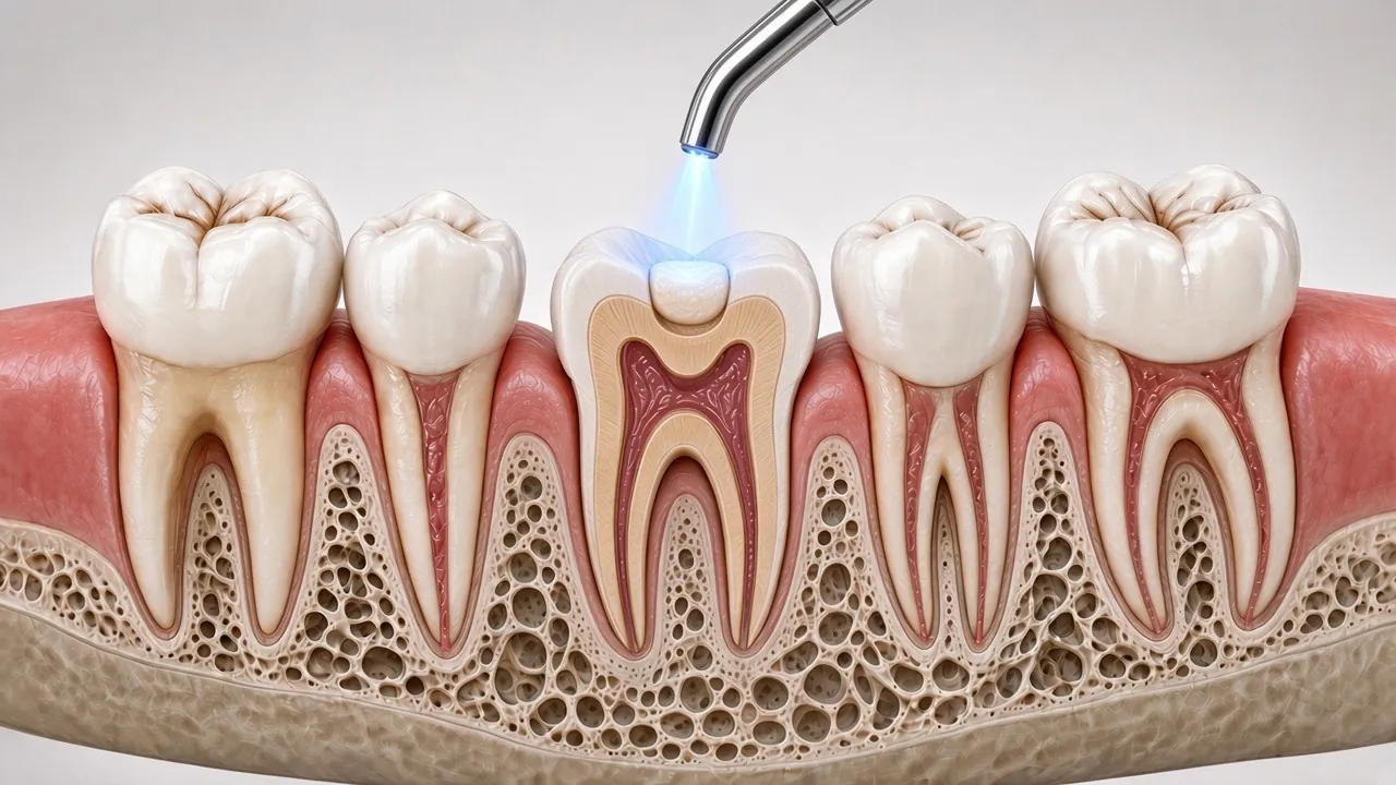 Illustration of tooth-coloured filling material in the cavity with a blue curing light above.