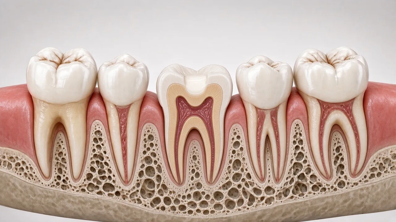 Cross-section illustration of the molar with a smooth tooth-coloured filling blending into the chewing surface.