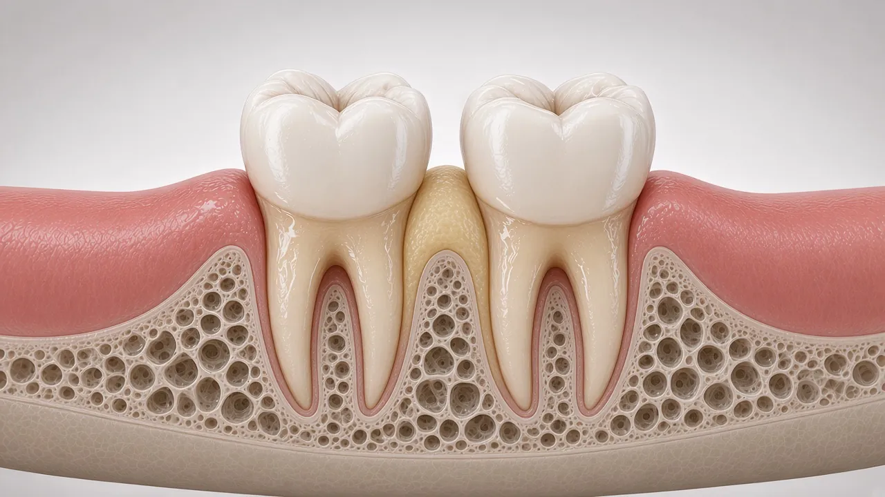 Cross-section illustration of plaque between two teeth.