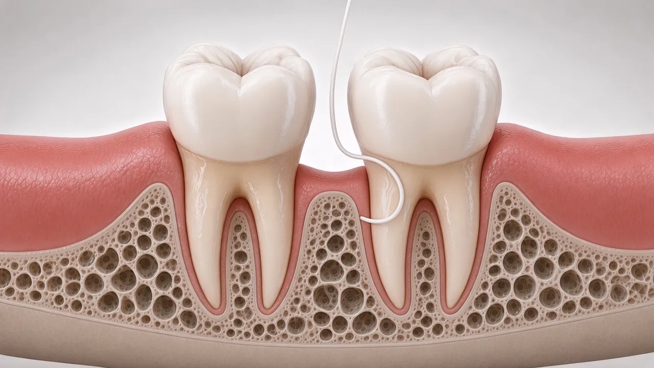 Illustration of floss curved around the side of a tooth.