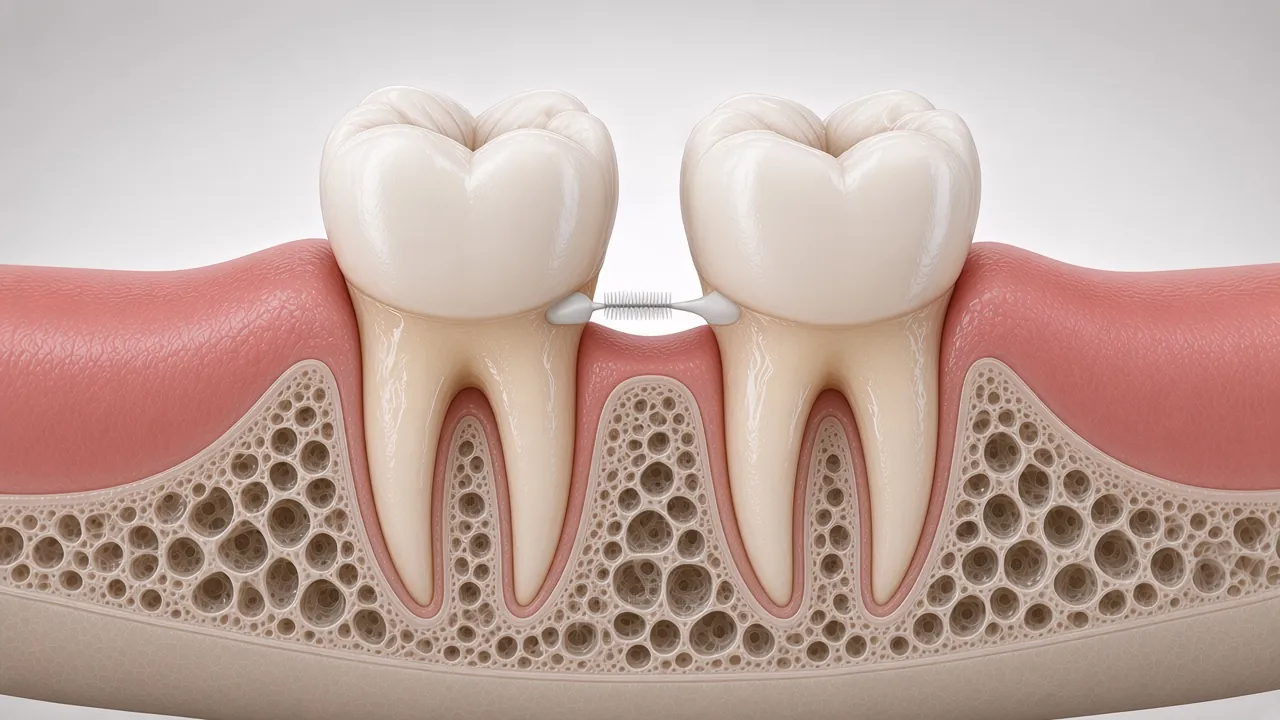 Illustration of an interdental brush cleaning between teeth.