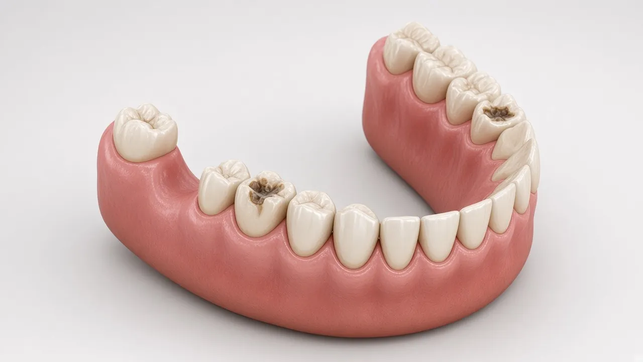 Illustration of a lower arch with worn, broken, decayed and missing teeth.
