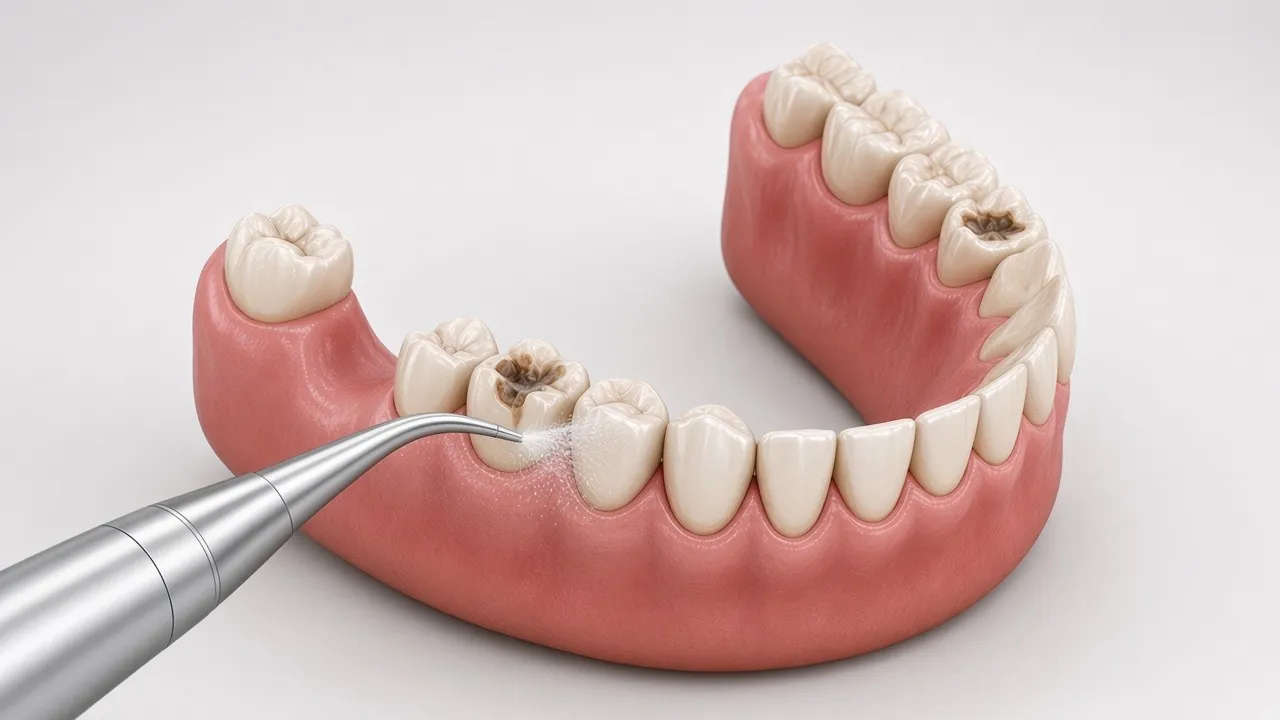 Illustration of an ultrasonic scaler cleaning along the gum line of the arch.